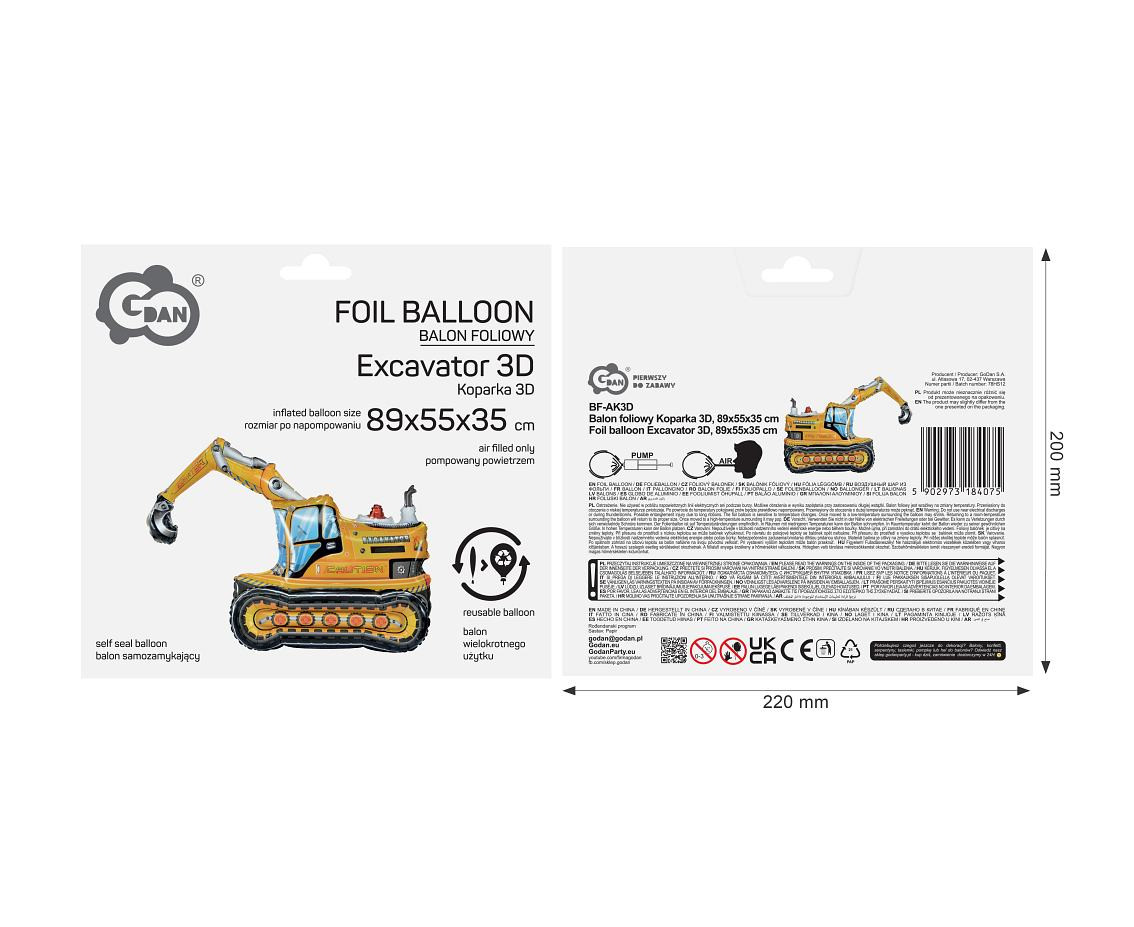 Foil balloon Excavator 3D, 89x55x35 cm